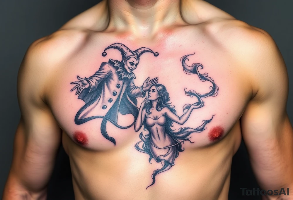 jester hovering over woman in smoke tattoo idea