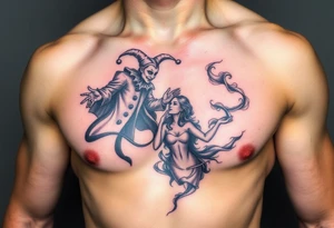 jester hovering over woman in smoke tattoo idea
