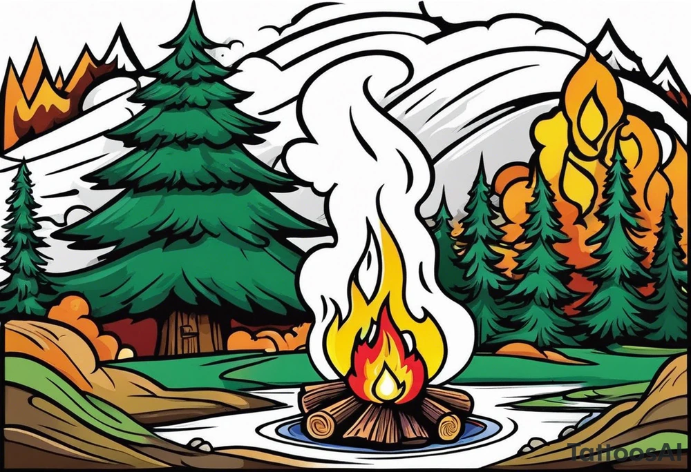 Small campfire in the center, right side: an evergreen tall tree, left side: skinny fast flow steam tattoo idea