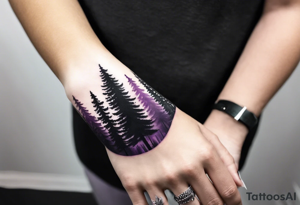 forest, abstract, on hand, no people, purple and black, full, whole wrist wrapped tattoo idea