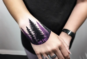forest, abstract, on hand, no people, purple and black, full, whole wrist wrapped tattoo idea