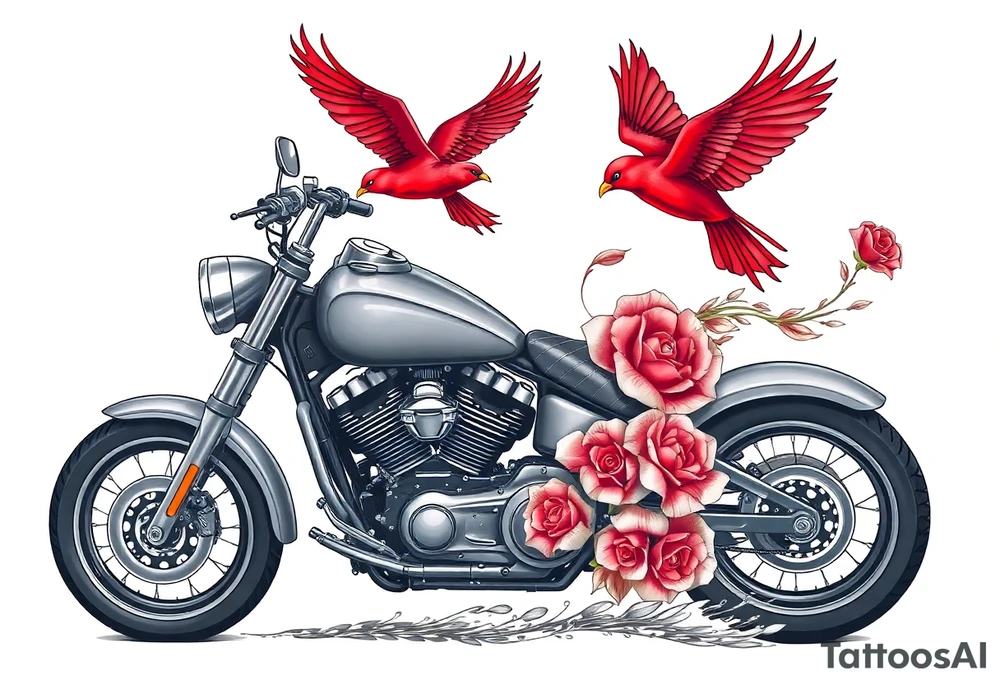 Harley grey motorcycle driving away, two red birds flying, roses and lace, flames tattoo idea