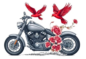 Harley grey motorcycle driving away, two red birds flying, roses and lace, flames tattoo idea