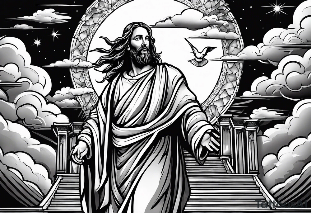 Jesus standing on a flight of stairs with clouds, sunshine and a dove in the background on the upper arm tattoo idea