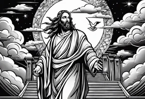 Jesus standing on a flight of stairs with clouds, sunshine and a dove in the background on the upper arm tattoo idea