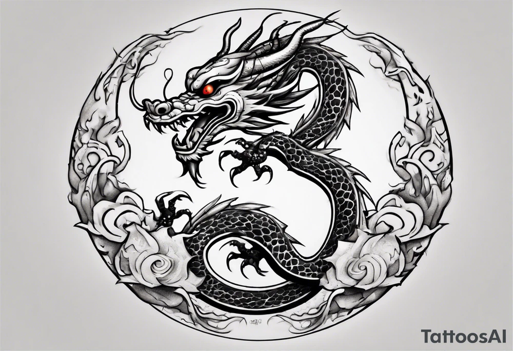 Chinese dragon in a circular shape with "02.03" written on its skin tattoo idea