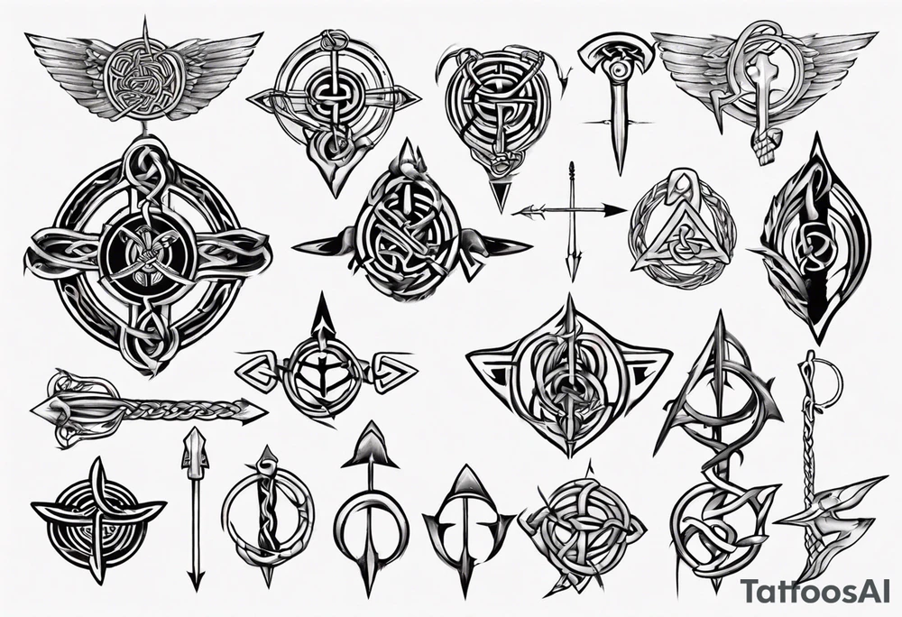 Celtic arrow
 including symbols for temperance wisdom courage justice tattoo idea
