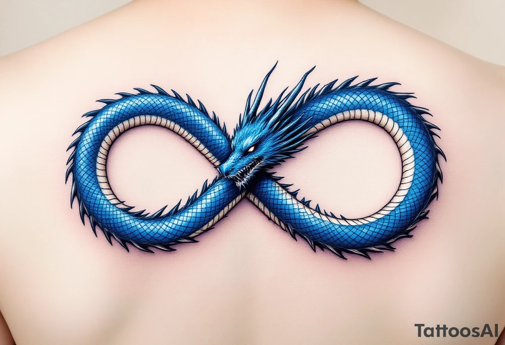 The design features a dragon, coiled in the shape of the infinity symbol (sideways number "8"). The dragon is depicted eating its own tail, symbolizing eternity and continuity, inspired by the Ouroboros.

Details:

The dragon's body has vibrant, glossy blue scales, with a smooth and polished texture.
It maintains a clean, balanced shape in the infinity figure, with sharp details and elegant flow.
Style:

The focus remains on the dragon's form, with no additional background elements to keep the design minimal and modern. tattoo idea