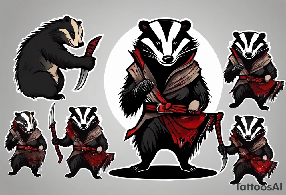 Draw me psychopath Badger/Warrior with aggressive full body, killer face with a scary smile, very long nails and he attacks like a Bloody Assassin to us and also, he has very deadly looking. He fights with his nails. Everybody scares after their first sight. Give me horror type Badger Tattoo. I want to see his Realistic full body. tattoo idea