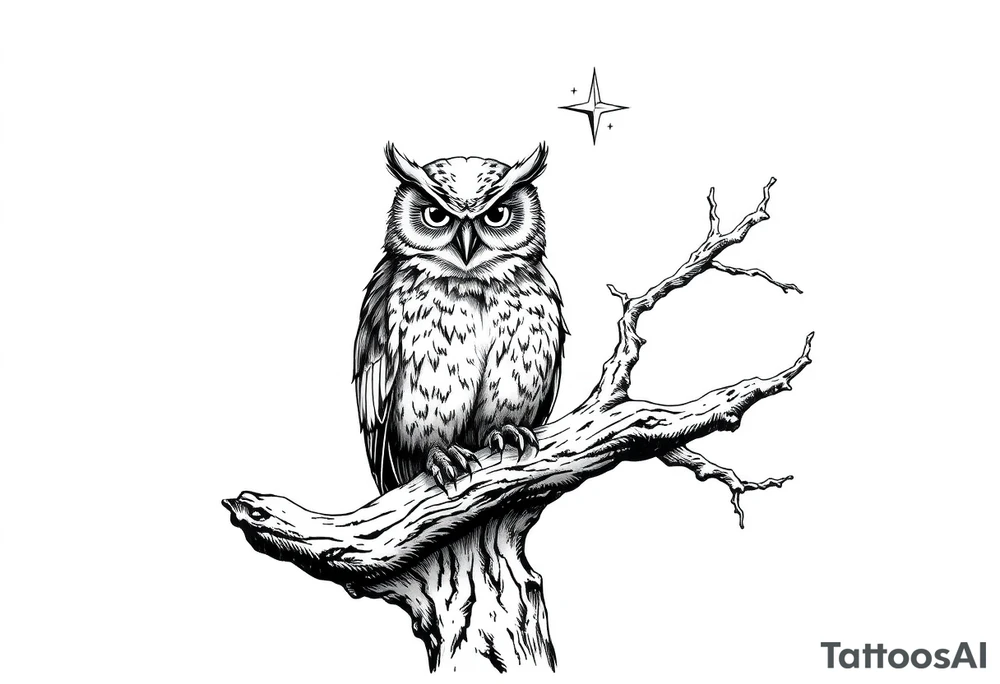 wise owl perched on ancient oak branch under starlit sky tattoo idea