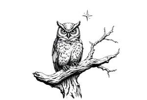 wise owl perched on ancient oak branch under starlit sky tattoo idea