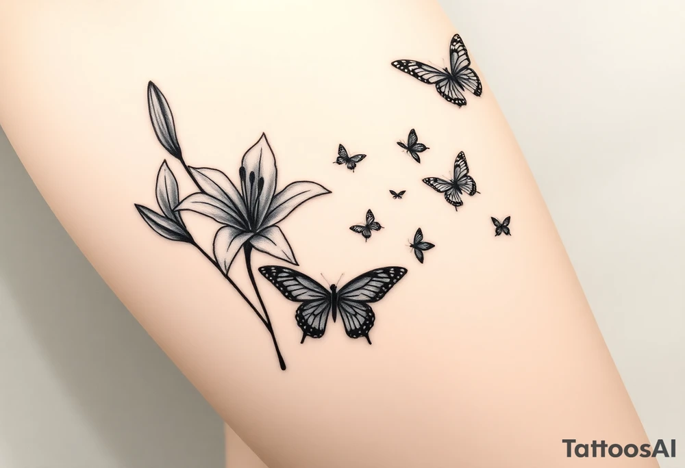 5 to 7 lily blooms in a natural stager with 2 that have petals floating off that gradually dissolve into butterflies in various stages of flight tattoo idea