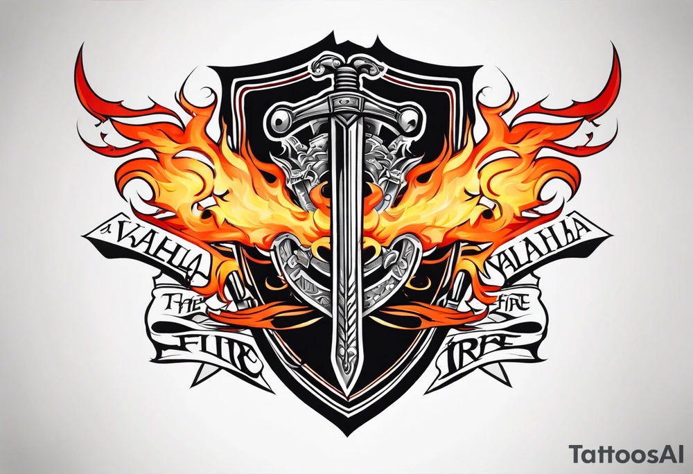 Valhalla on  fire shield sword tattoo idea
