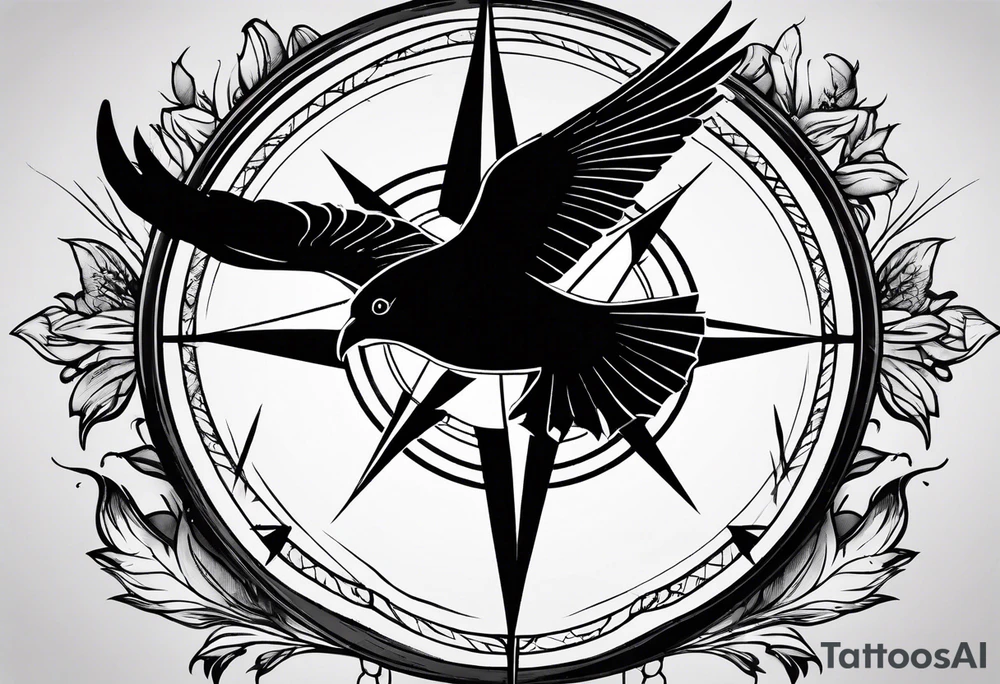 Simple compass with three black birds flying by north tattoo idea Simple compass with three black birds flying by north tattoo idea