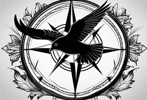Simple compass with three black birds flying by north tattoo idea