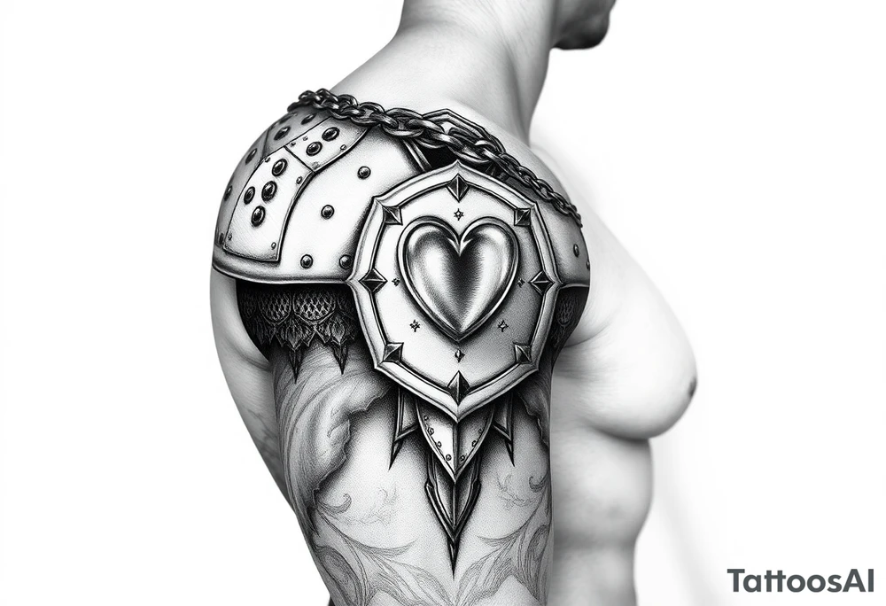 Chainmail and plate layered armor from top of trapezius to below elbow with an intricate plate armor piece with a heart on shoulder tattoo idea