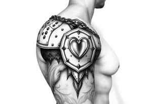 Chainmail and plate layered armor from top of trapezius to below elbow with an intricate plate armor piece with a heart on shoulder tattoo idea