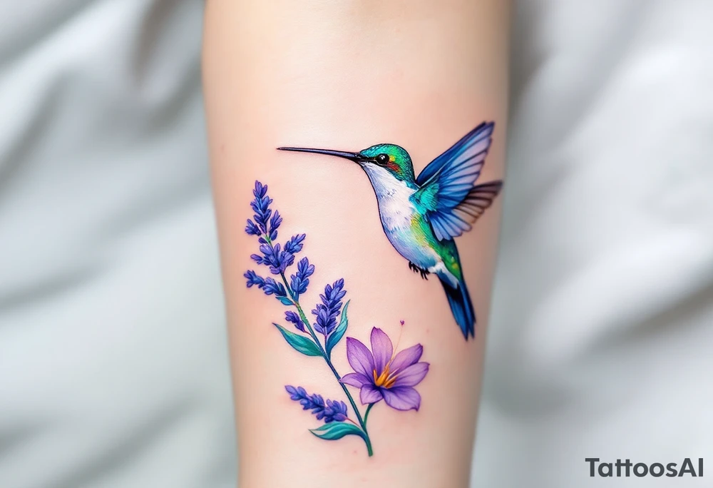 A hummingbird hovering near blooming lavender flowers, with shimmering emerald and violet tones. tattoo idea