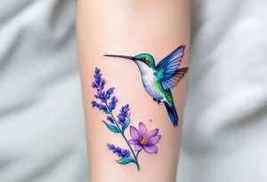 A hummingbird hovering near blooming lavender flowers, with shimmering emerald and violet tones. tattoo idea