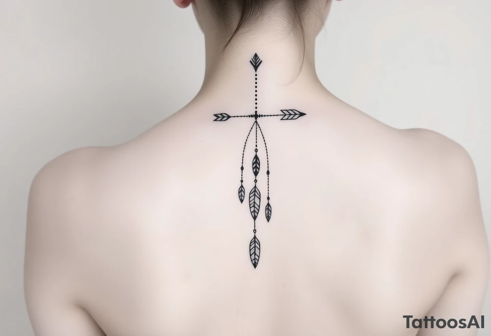 Thin spinal tattoo following down the spine in a native style with multiple different lengths flowing lines made of a discreet connection of morse code ".--- .- --.     .-.. ... -.- .- .-.   -.. .. --.     .-.. .. .-.. .-.. . -... .-. --- .-. forming an arrow connected to flowing feathers hanging from the morse code lines tattoo idea