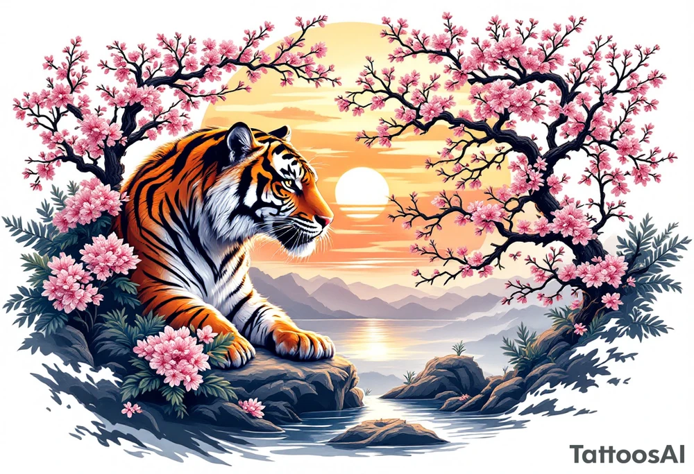Tiger and cherry blossom tree, beautiful sunset in background tattoo idea