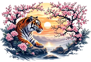 Tiger and cherry blossom tree, beautiful sunset in background tattoo idea