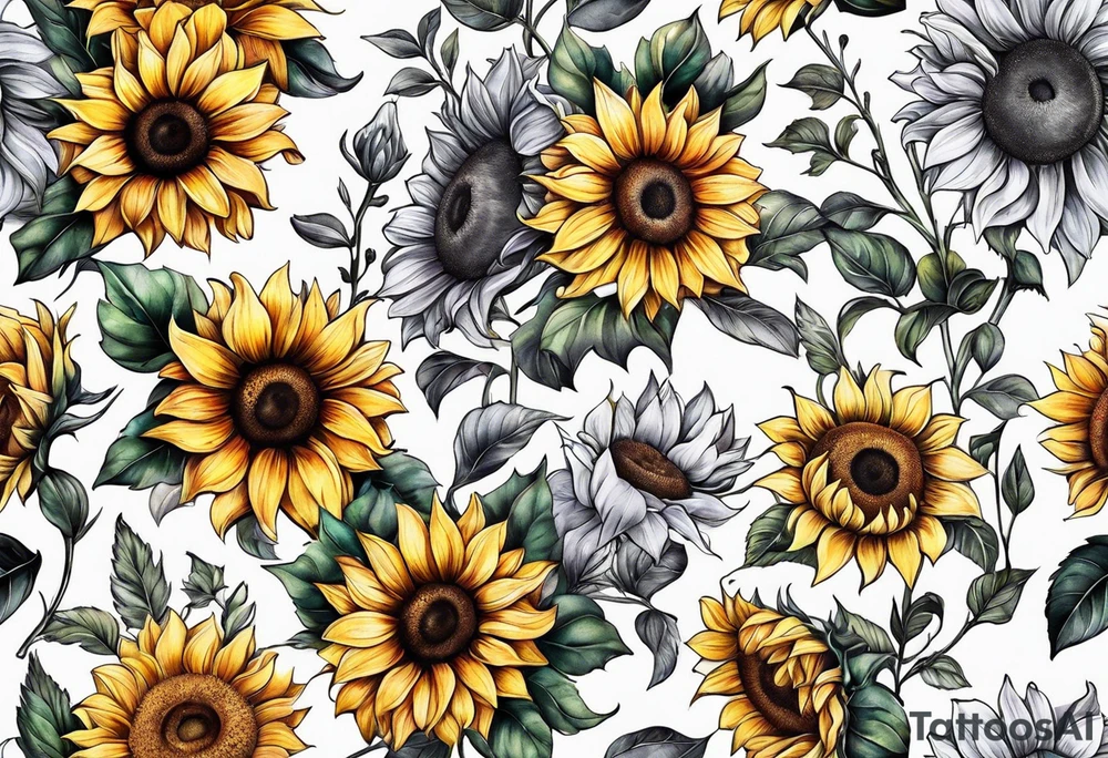 Arm sleeve Foral sunflower and roman numeral tattoo idea