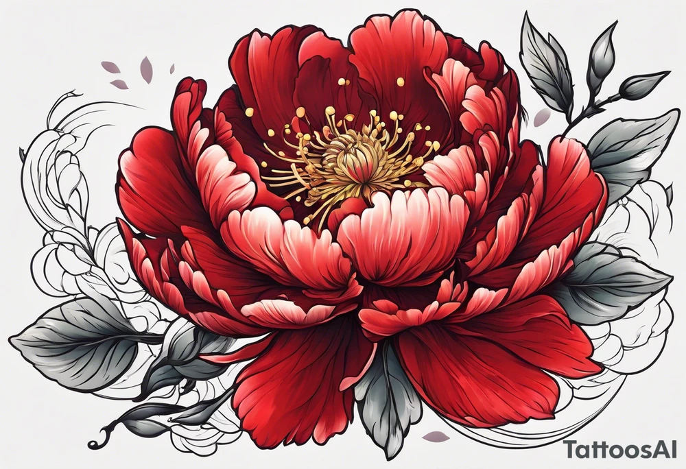 Red peony with a tiny rabbit on a petal tattoo idea