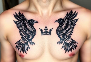 Chest tattoo, two laurier and icelandic symbols, dark brest tattoo, crown betwen ravens tattoo idea