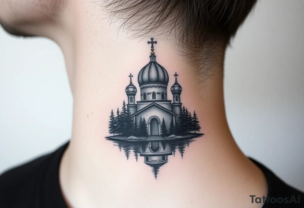 medium sized russian orthodox dome church with a separated virgin mary with a lake and pine trees tattoo idea
