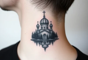 medium sized russian orthodox dome church with a separated virgin mary with a lake and pine trees tattoo idea