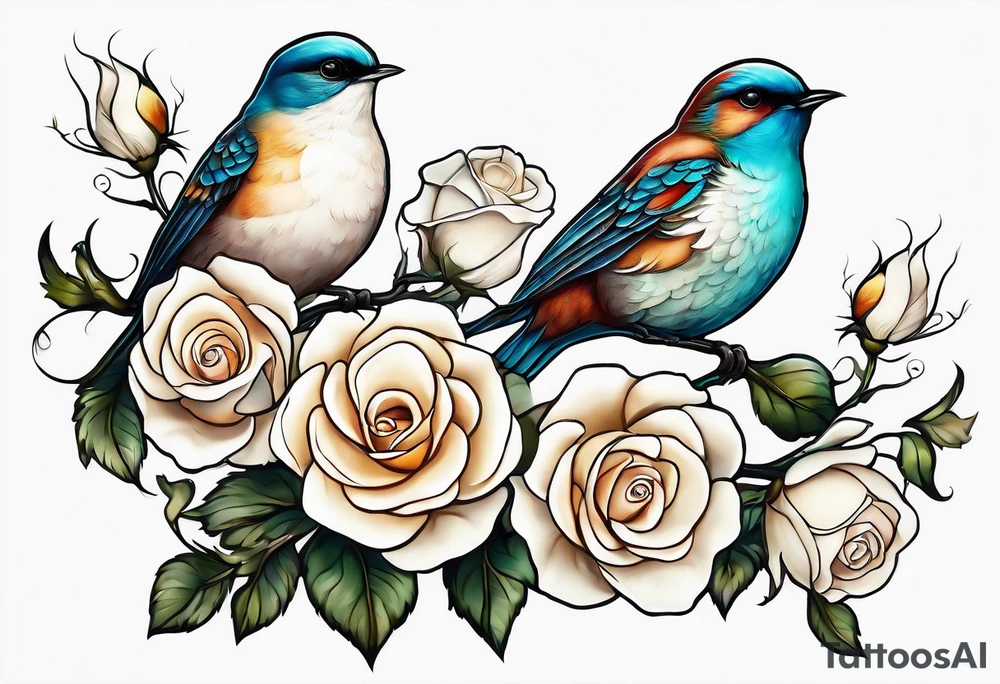 Two birds sitting on a stem of White roses with another bird flying in to land on stem tattoo idea