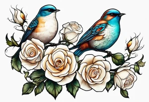 Two birds sitting on a stem of White roses with another bird flying in to land on stem tattoo idea