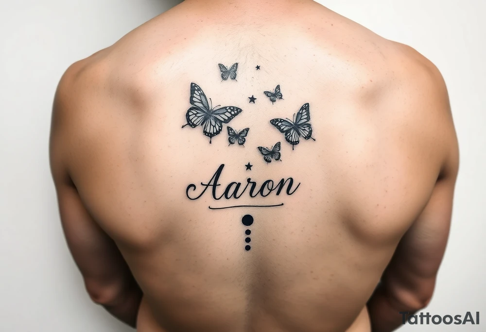 a hand tattoo with the name aaron, add some butterflies and a semicolon tattoo idea