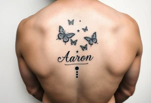 a hand tattoo with the name aaron, add some butterflies and a semicolon tattoo idea