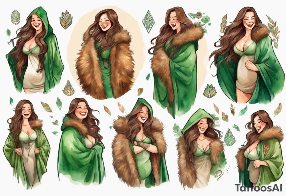 a curvy tan woman with long brown hair  and green eyes wearing a fur cloak laughing tattoo idea