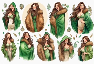 a curvy tan woman with long brown hair  and green eyes wearing a fur cloak laughing tattoo idea
