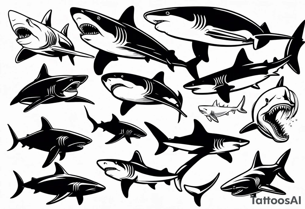 Variety of sharks style flash sheet tattoo idea