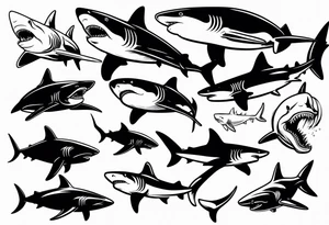 Variety of sharks style flash sheet tattoo idea