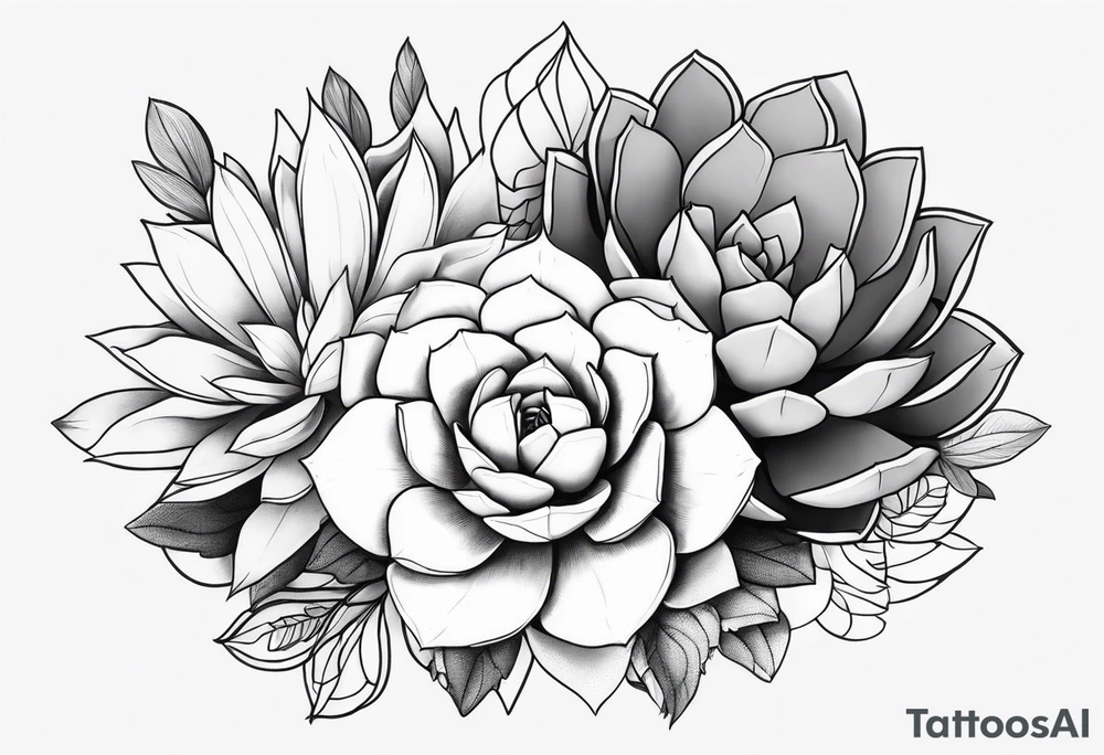 fine line. one big succulent in the middle. Two smaller succulents on the side. Dots and floral
. Sternum tattoo grey scale shading tattoo idea