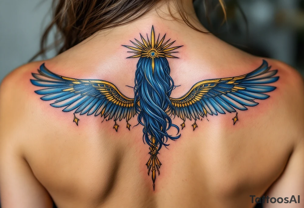 A winged Isis in royal blue and gold, with arms stretched gracefully across the upper back, symbolizing motherhood and protection. tattoo idea