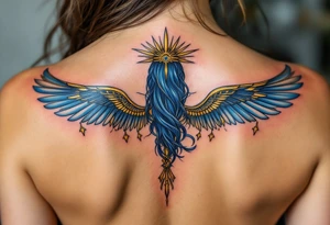 A winged Isis in royal blue and gold, with arms stretched gracefully across the upper back, symbolizing motherhood and protection. tattoo idea