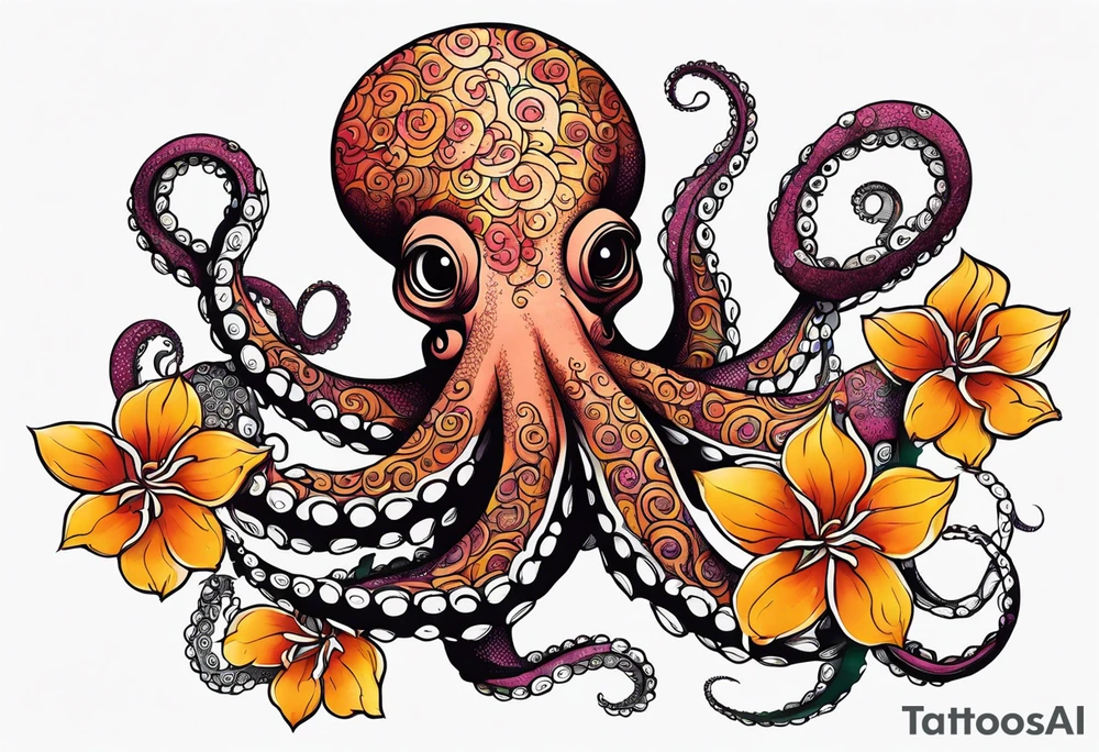 octopus holding flowers tattoo idea