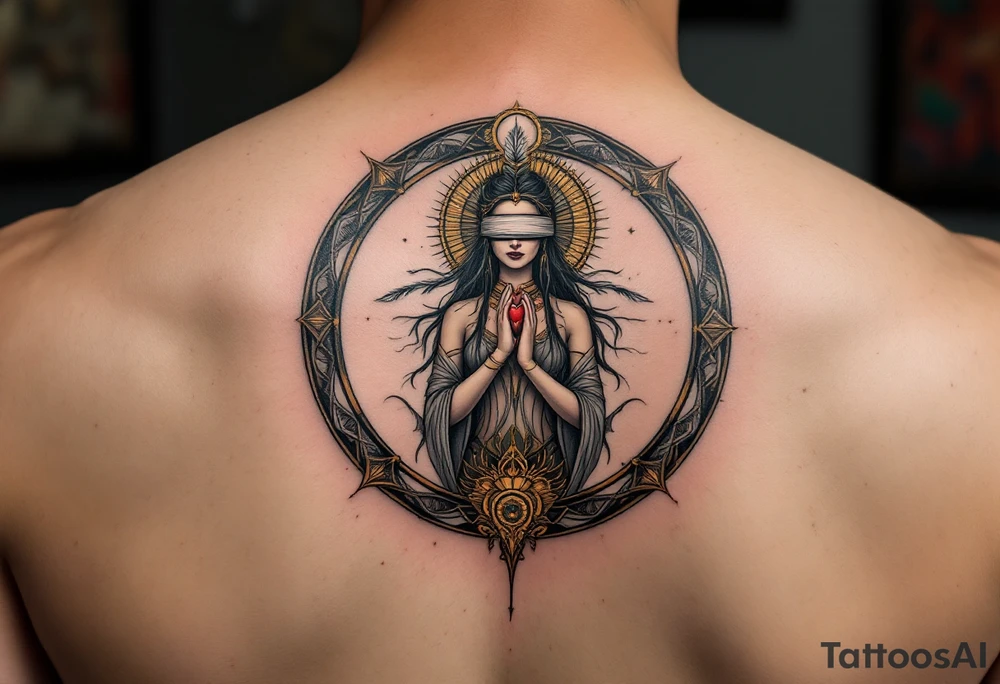 A blindfolded goddess standing in the center of a cosmic circle, with one hand holding a feather and the other a heart, symbolizing fairness in karma. tattoo idea