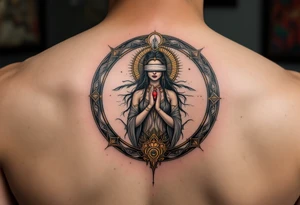 A blindfolded goddess standing in the center of a cosmic circle, with one hand holding a feather and the other a heart, symbolizing fairness in karma. tattoo idea