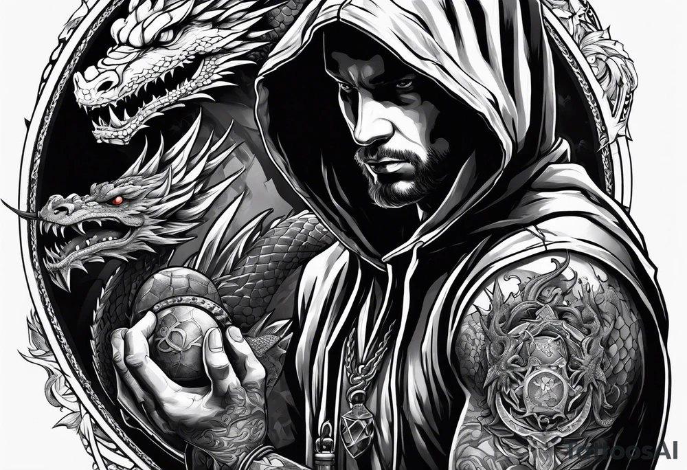 Hooded figure holding a D20, surrounded by a dragon tattoo idea