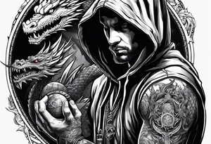 Hooded figure holding a D20, surrounded by a dragon tattoo idea