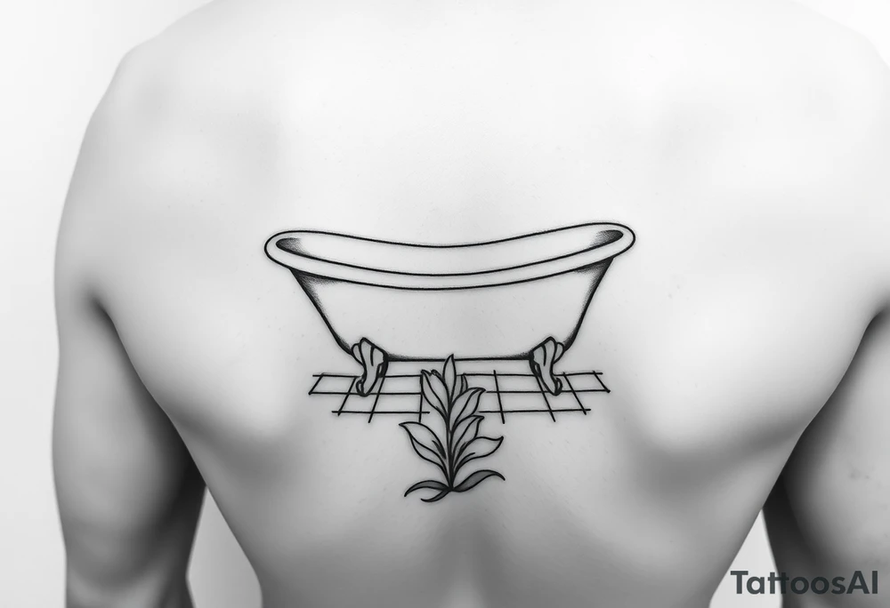 Clawfoot bathtub on tile floor with lily growing out of floor tattoo idea
