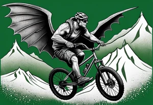 gargoyle riding a full suspension green mountain bike with a shadow no background with wings tattoo idea