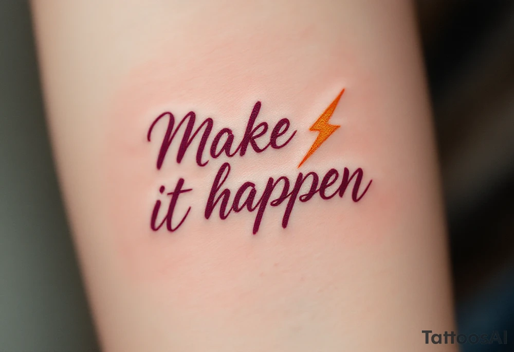 “Make it happen” in bold burgundy ink, underlined by a lightning bolt in burnt orange. tattoo idea